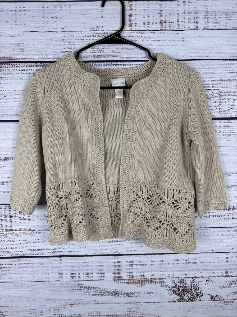 Chico’s Crochet Lace Hem Knit Cardigan – Size 1